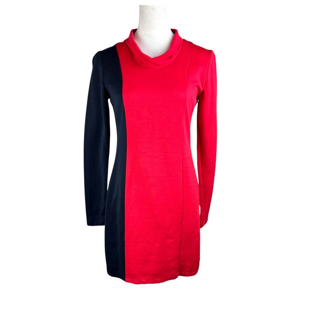 Worth Bold Black Red Color Block Mock Neck Ponte Knit Long Sleeve Mini Dress